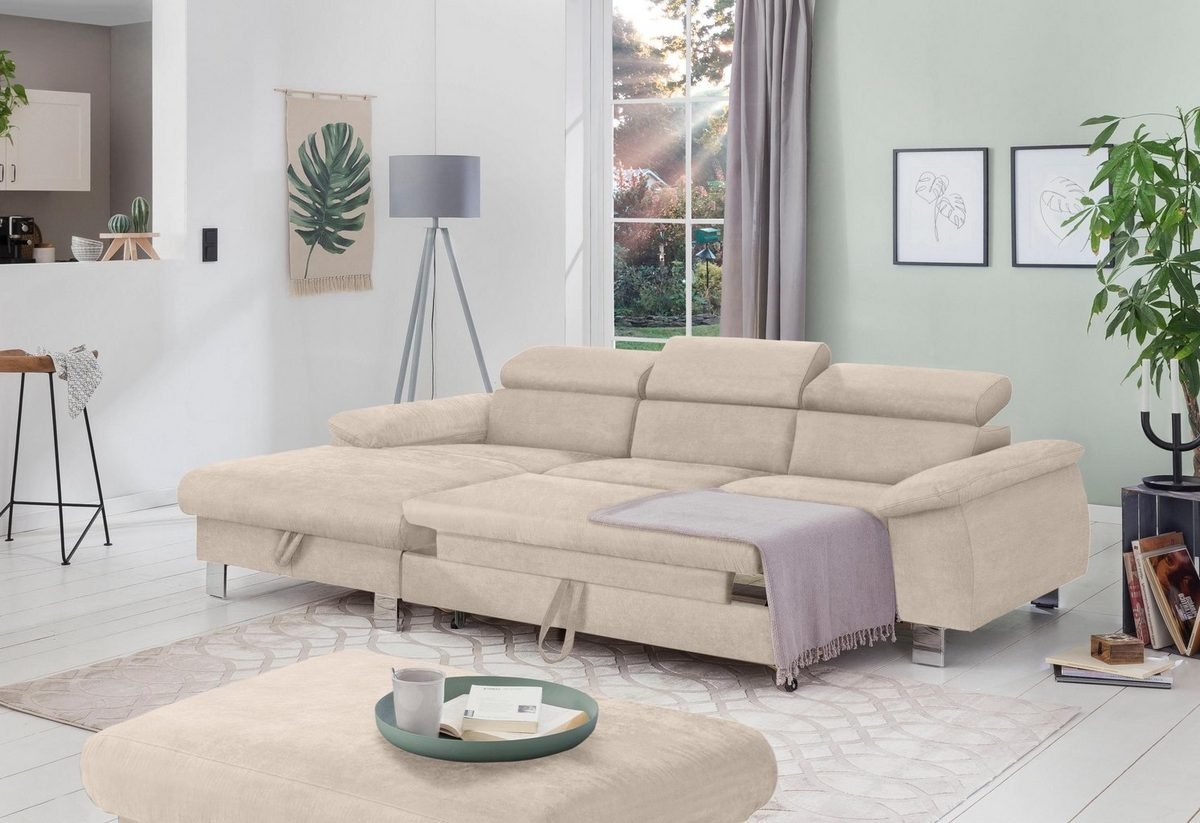 COTTA kampinė sofa Komaris – smėlio spalvos su miegama funkcija ir patalynės dėže